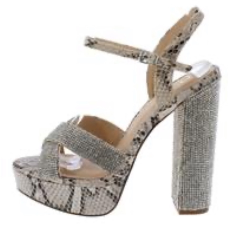 Tan snake print cross strap open toe heels